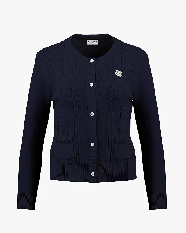 Men's cotton cardigan for casual wear -Cable pocket round neck cardigan - Navy