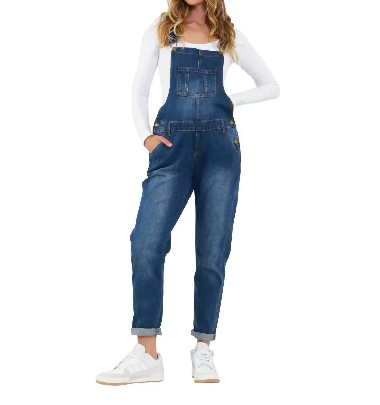 Tight trousers for women with faux leather material for sleek and modern look -Denim Overalls In Indigo