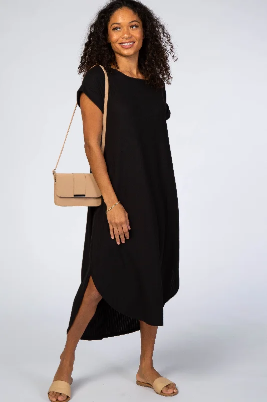 Formal Dresses for Occasions -Black Ribbed Curved Hem Midi Dress