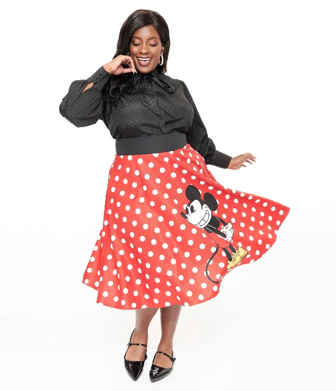 Pleated skirts with delicate pastel tones -Disney Mickey & Friends Collection by Unique Vintage Plus Size Red & White Polka Dot Mickey Mouse Vivien Swing Skirt