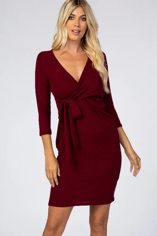 Minimalist Dresses for Simplicity -Burgundy Brushed Knit Wrap Fitted Nursing Dress