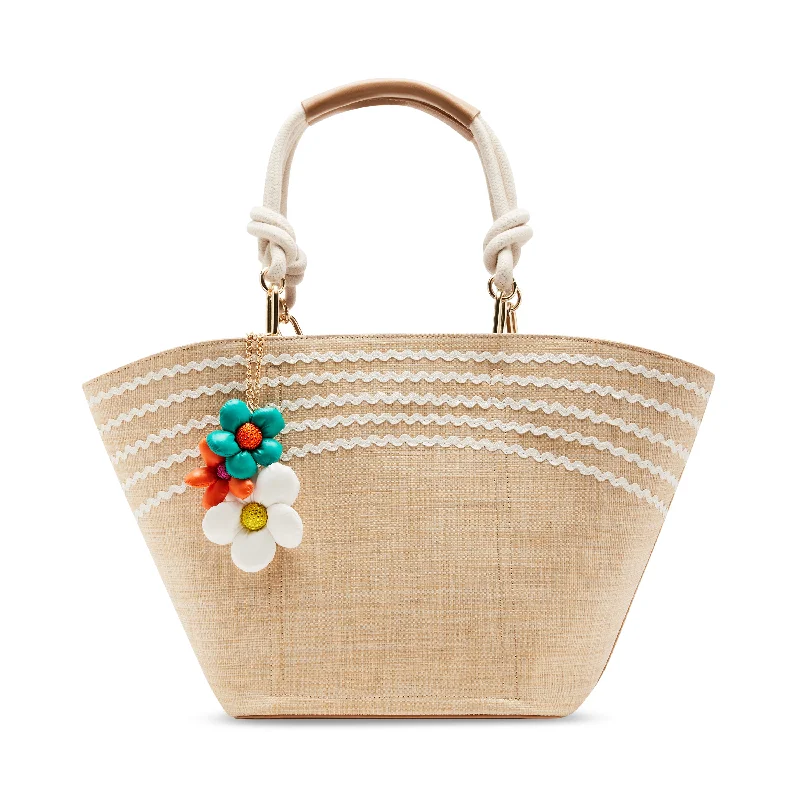 Handle bags with thick handles for support -Betsey Johnson Flowers Puffy Raffia Natural Tote Bag