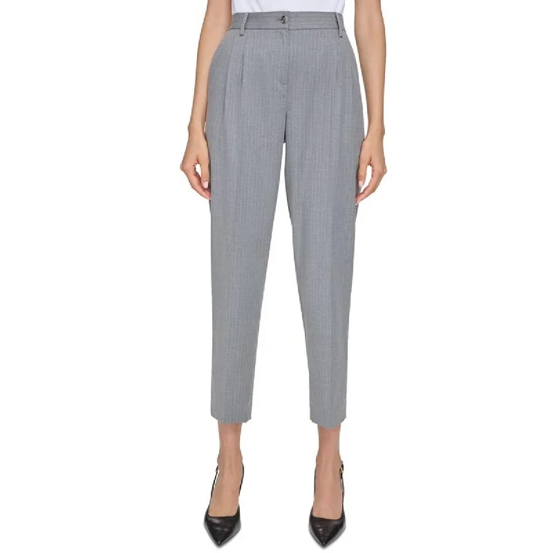 Tight trousers for women with side slits and ankle-length design for chic style -Womens Pleated Pin Stripe Trouser Pants