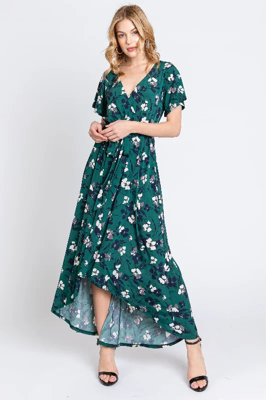 Red Dresses for Statement -Forest Green Floral Wrap Front V-Neck Hi-Low Midi Dress