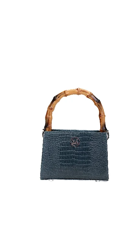 Handle bags with eco-friendly bamboo handles -NAYA: Pine Green Crocodile Print