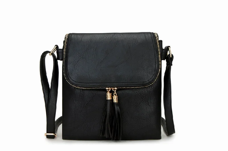 Handle bags with rugged canvas for outdoors -LARGE BLACK TASSEL MULTI COMPARTMENT CROSS BODY SHOULDER BAG WITH LONG STRAP