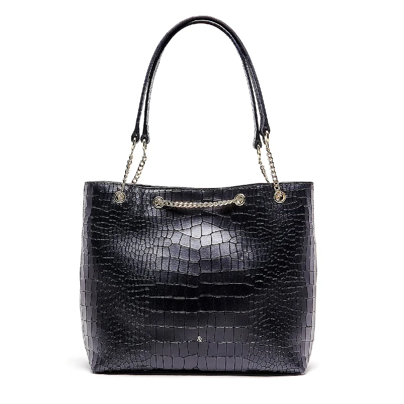 Handle bags with modern logos for branding -ENYA Chain Detail Tote - Black Croc