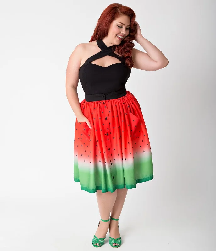 Soft skirts with gentle fabric drape -Unique Vintage Plus Size Watermelon Ombre Button Up Elora Swing Skirt