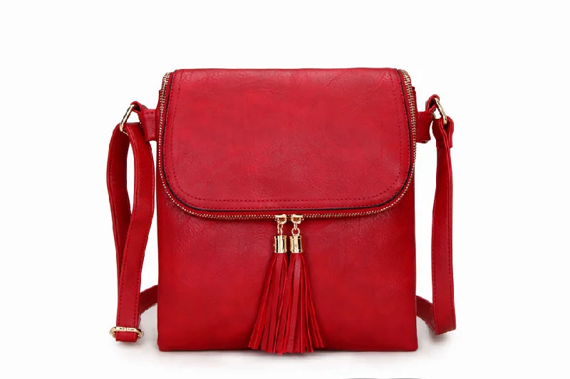 Handle bags with compact designs for portability -LARGE RED TASSEL MULTI COMPARTMENT CROSS BODY SHOULDER BAG WITH LONG STRAP