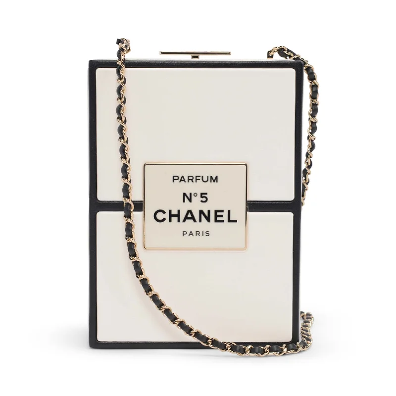 Handle bags with contrast stitching for detail -Chanel White Lambskin No. 5 Parfum Box Minaudiere