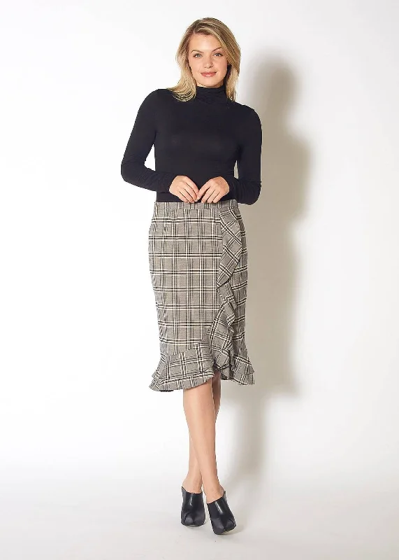 Designer maxi skirts for upscale bohemian flair -Women's Ruffle Trimmed Pencil Skirt in Black Plaid