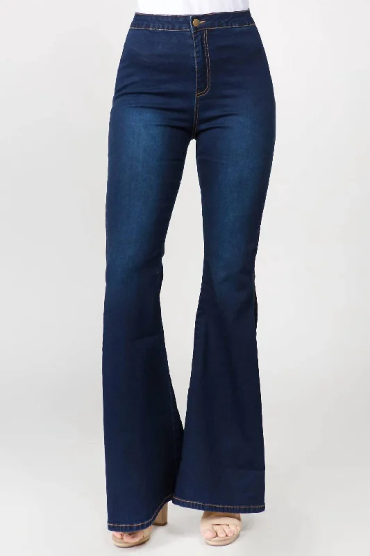 Urban tight trousers for men with street-style influence and sharp tailoring -Chic Side Slit Flare Jeans In Dark Blue