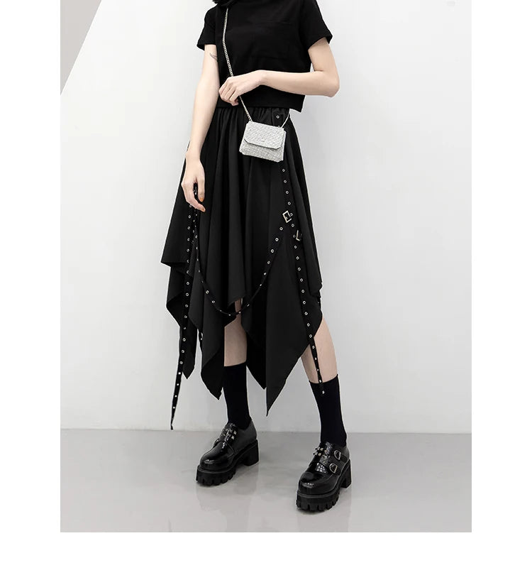 Designer skirts for luxury fashion flair -Long Irregular Dark Tie Street Wind Weave Buckle Y2k Skirt