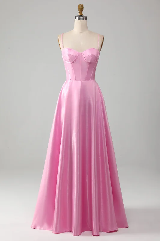 Bridesmaid Dresses for Ceremony -A-Line Spaghetti Straps Pink Corset Prom Dress