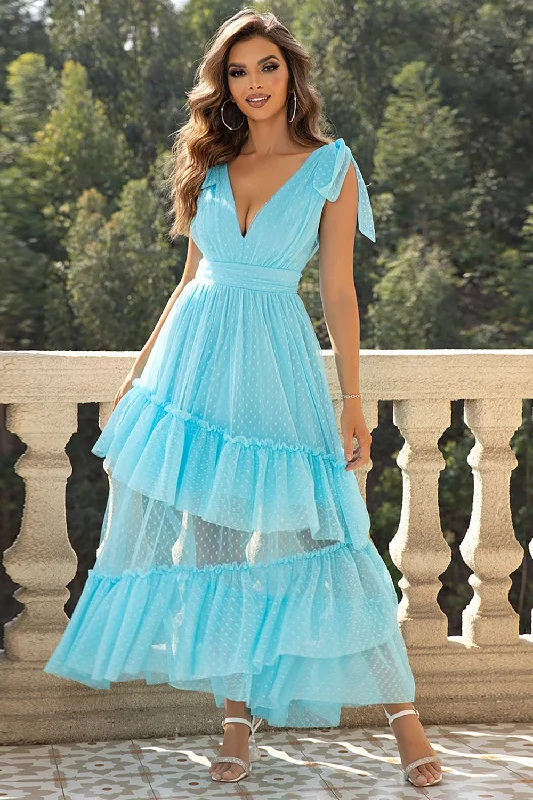 Wool Dresses for Warmth -Sky Blue A-Line V Neck Tulle Prom Dress with Ruffles