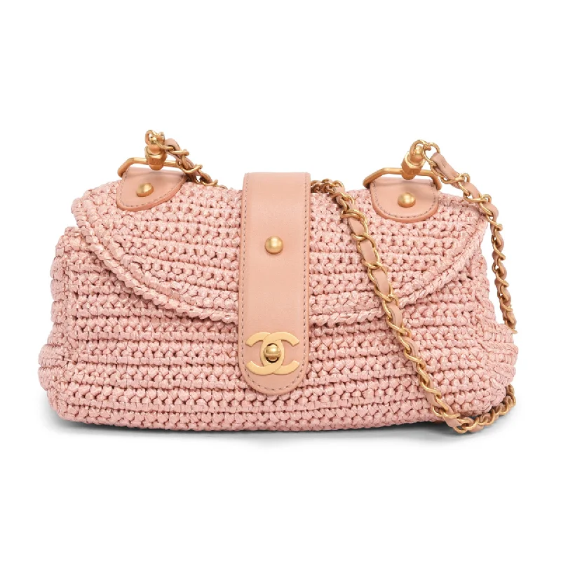 Handle bags with sleek leather for work -Chanel Pink Woven Raffia Single Flap Cross Body Bag