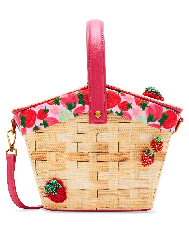 Handle bags with playful pom-poms for charm -Betsey Johnson Kitsch Fresh N Fruity Picnic Basket Crossbody Bag