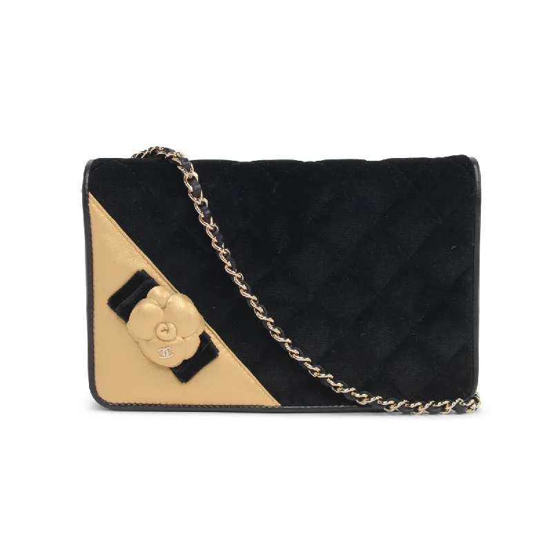 Handle bags with reinforced stitching for durability -Chanel Black & Gold Velvet Camellia Wallet on Chain