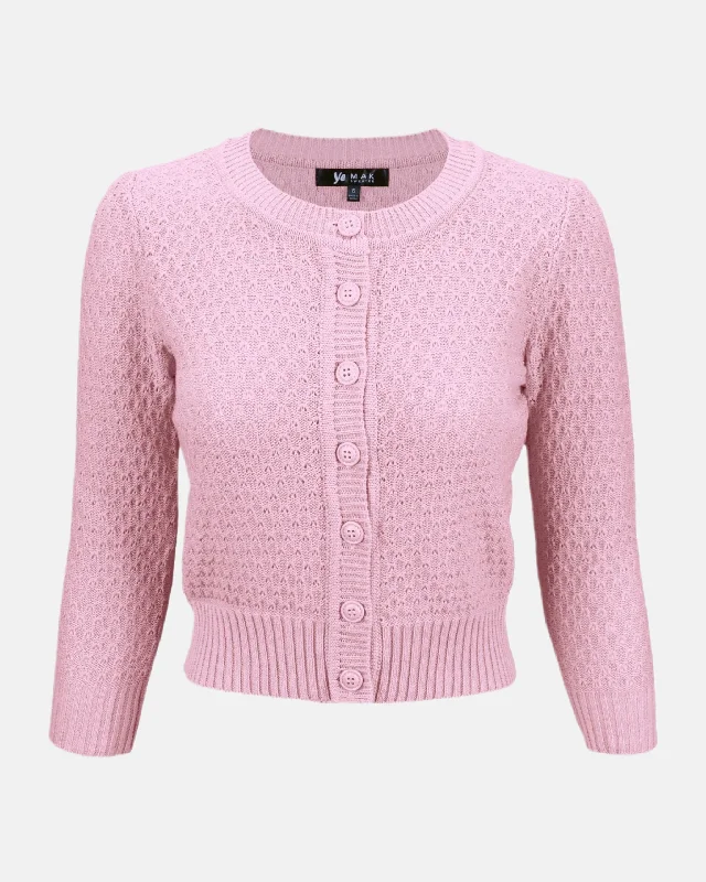 Lace - trimmed cardigan for a romantic look -MAK Vintage Textured Cardigan Pink