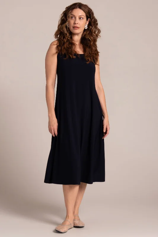 Sleeveless Dresses for Coolness -Square Neck Fit and Flare Dress | Navy