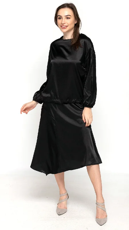 High-waisted skirts with button front detail -Asymmetric Satin Skirt - Black