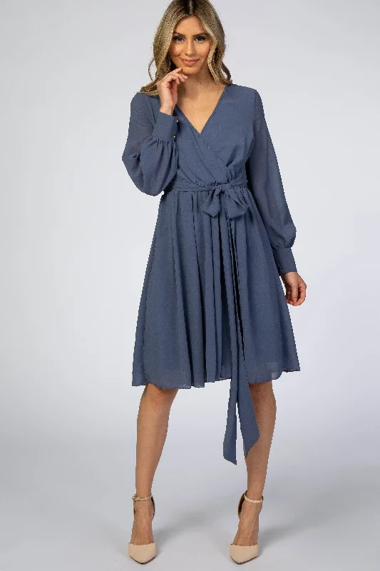 Wool Dresses for Warmth -Dusty Blue Chiffon Wrap Dress