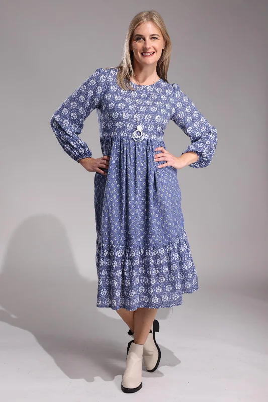 Yellow Dresses for Bright -Indigo Stamp prt Cotton Rayon Dress | Indigo Stamp | 6546ZZ