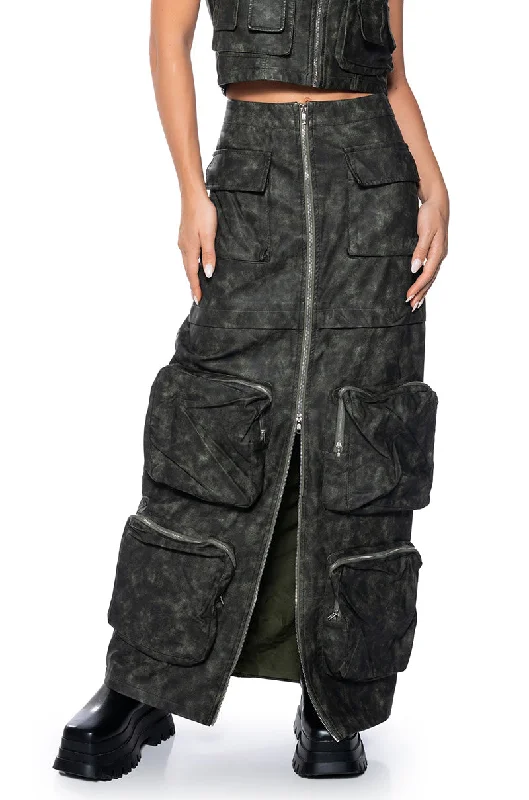 Casual skirts for relaxed weekend lounging -ELISIA DISTRESSED FAUX LEATHER CARGO MAXI SKIRT