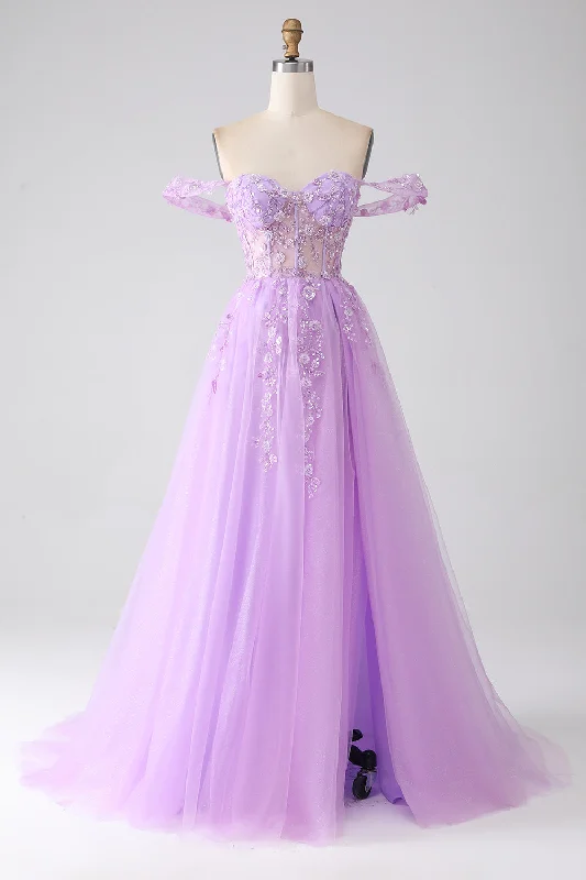 Wrap Dresses for Adjustable -Light Purple A-Line Off The Shoulder Beaded Corset Prom Dress