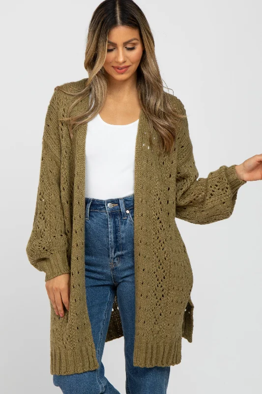 Maternity cardigan for expecting moms -Olive Pointelle Knit Cardigan