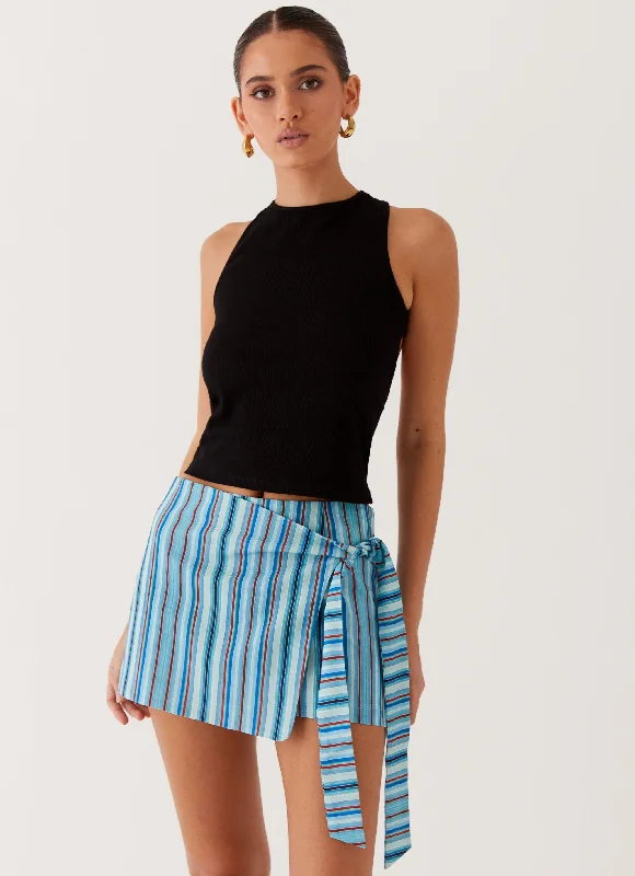 Stretch skirts for curvy figure flattery -Steal Away Linen Wrap Skirt - Blue Stripe