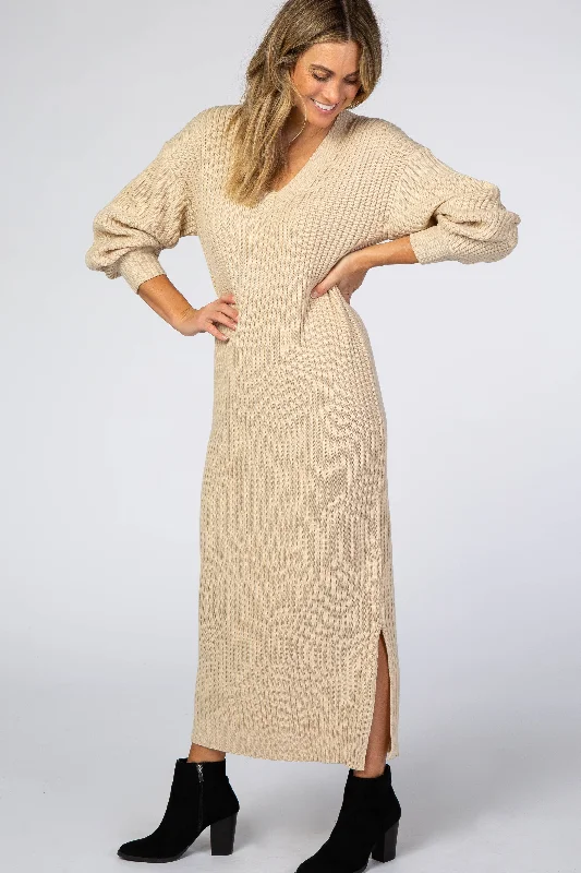 Pencil Dresses for Slimming -Beige V-Neck Ribbed Sweater Dress