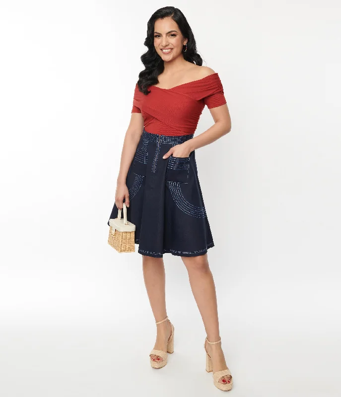 Ruffled midi skirts for delicate feminine touch -Unique Vintage Denim Blue Patch Pocket Swing Skirt