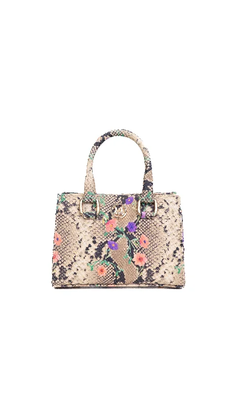 Handle bags with reinforced stitching for durability -Lagos Mini: Sand Brown Snake Print and Purple Floral Highlights