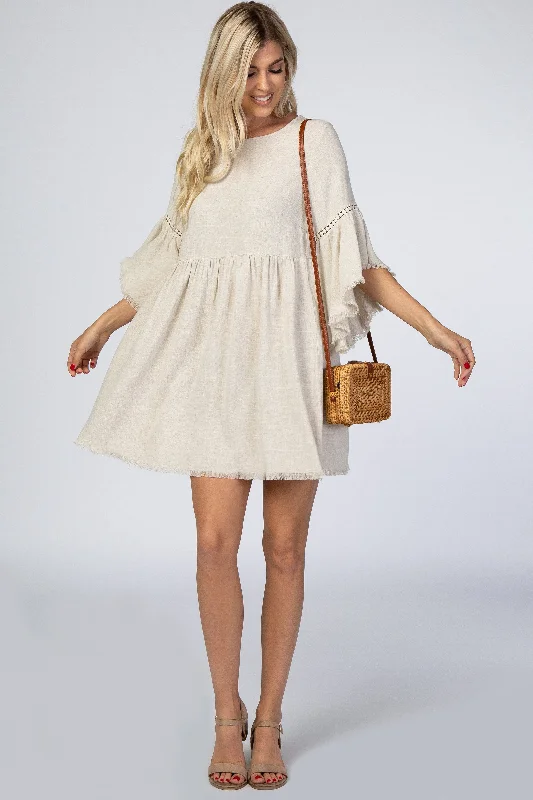 Long-sleeved Dresses for Coverage -Beige Raw Edge Bell Sleeve Babydoll Dress