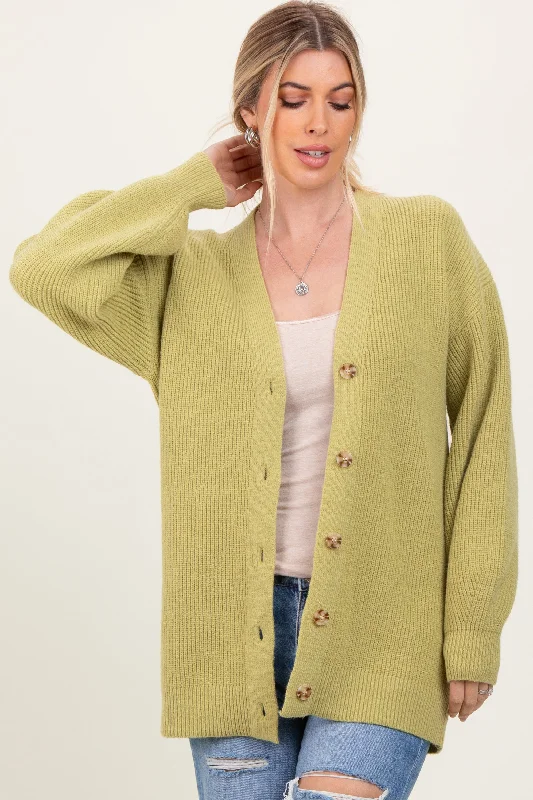 Anniversary - dinner cardigan for a special occasion -Light Olive Knit Oversized Button Down V-Neck Cardigan