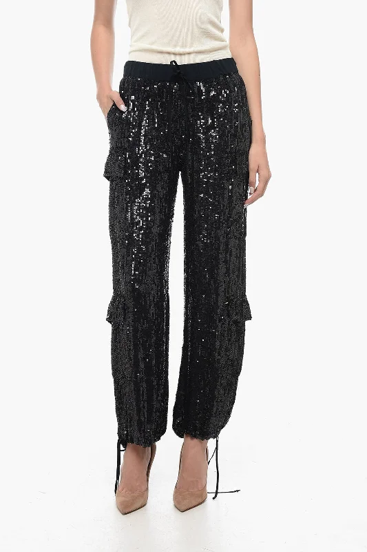 Luxury tight trousers for women with fine fabric and elegant tailoring -Parosh Sequined Cargo Pants with Draw-String