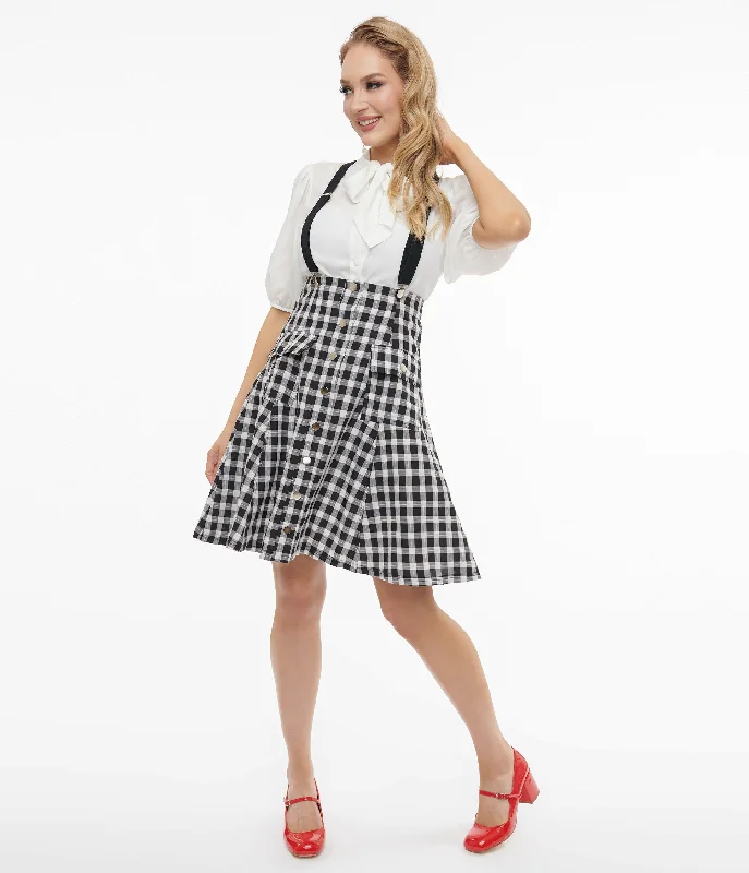 Affordable denim skirts for everyday cool -Unique Vintage 1950s Black & White Gingham Suspender Flare Skirt