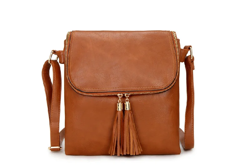 Handle bags with denim fabric for casual -LARGE TAN TASSEL MULTI COMPARTMENT CROSS BODY SHOULDER BAG WITH LONG STRAP