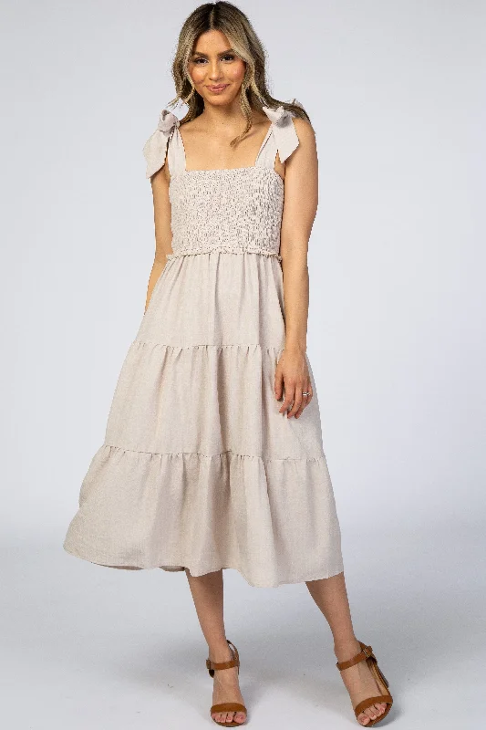 Midi Dresses for Versatile Wear -Beige Bow Strap Tiered Midi Dress