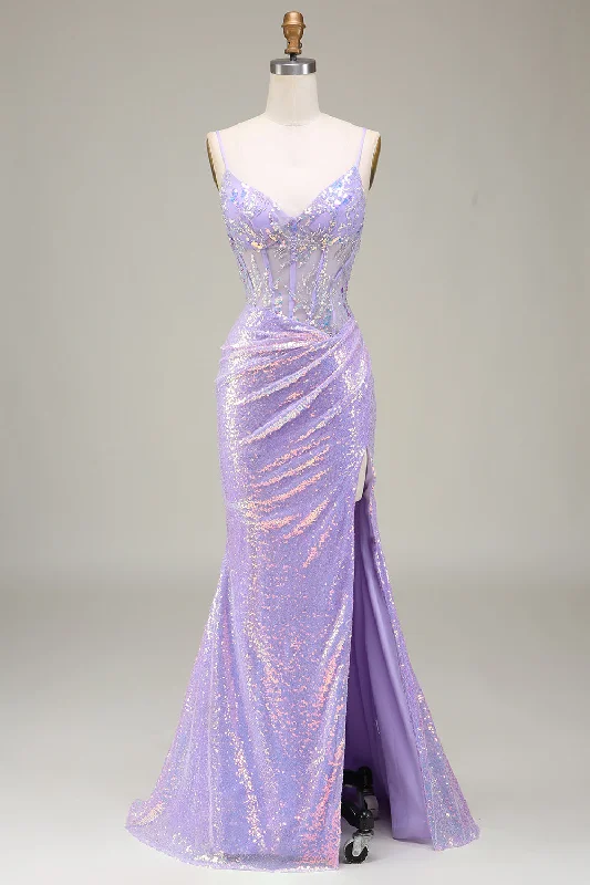 Midi Dresses for Versatile Wear -Sparkly Mermaid LighT Purple Corset Prom Dress with Slit