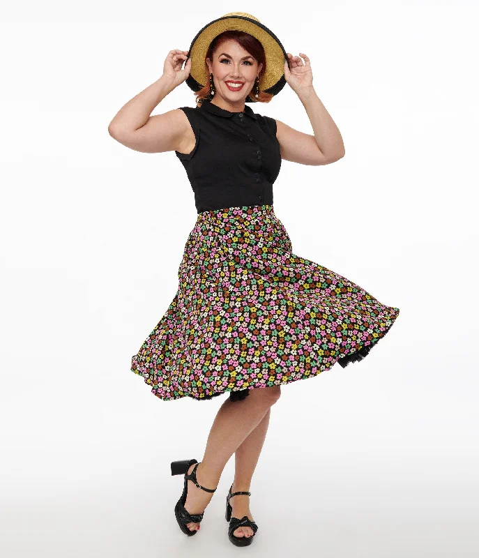 Flowy chiffon skirts for romantic summer days -1950s Black & Multicolor Flower Print Swing Skirt