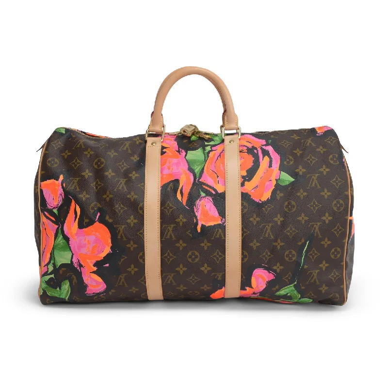 Handle bags with wide openings for access -Louis Vuitton x Stephen Sprouse Monogram Roses Keepall 50