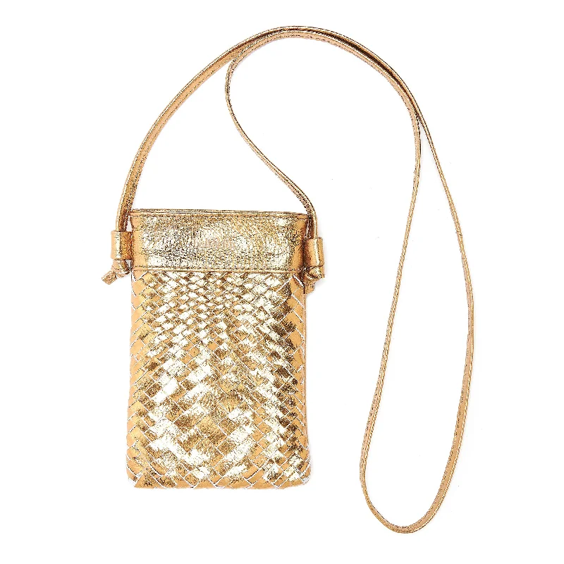 Handle bags with waterproof lining for protection -KASI Mini Hand Woven Crossbody Bag in Bronze Metallic