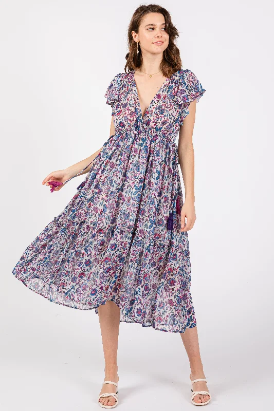 Resort Dresses for Vacation -Blue Floral Chiffon Flutter Sleeve Ruffle Hem Midi Dress