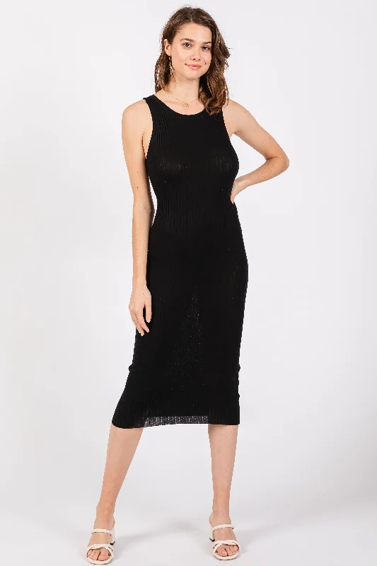 Beaded Dresses for Glamour -Black Sleeveless Ribbed Midi Dress