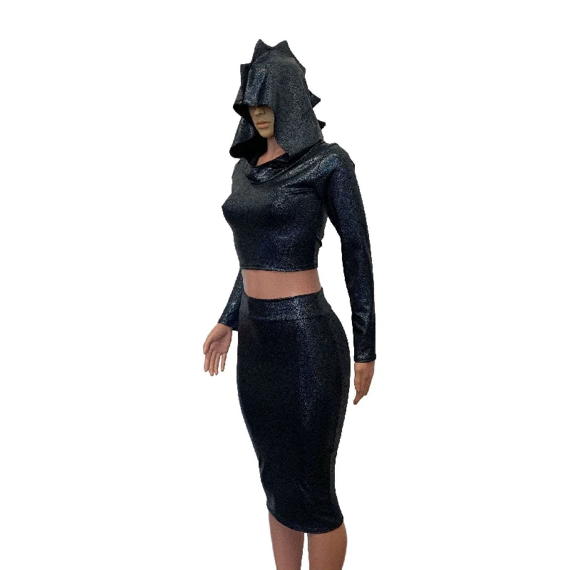 Pleated midi skirts for timeless grace -Dragon Costume - Black Holographic Hoodie & Skirt