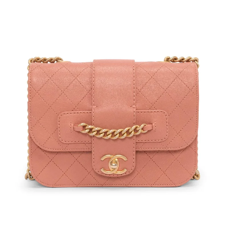 Handle bags with vintage vibes for nostalgia -Chanel Pink Quilted Sheepskin Front Chain Flap Bag