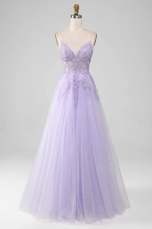 Printed Dresses with Patterns -Sparkly Light Purple A-Line Spaghetti Straps Long Prom Dress With Beading