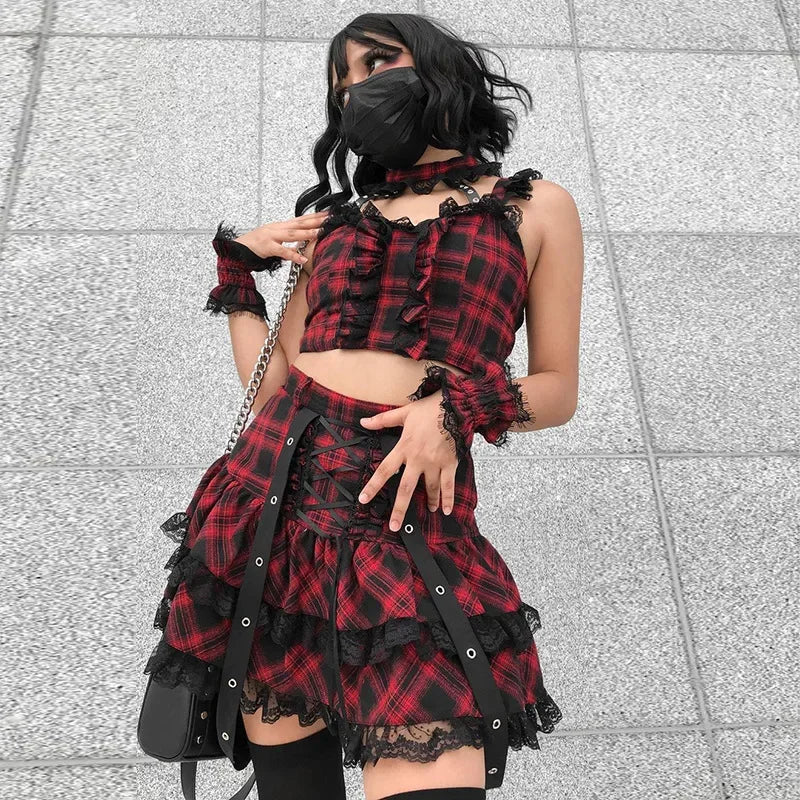 Patterned skirts for artistic standout appeal -Harajuku Plaid Gothic Girl High Waist Plaided Lolita Mini Sets Japanese Fashion Streetwear Skirt